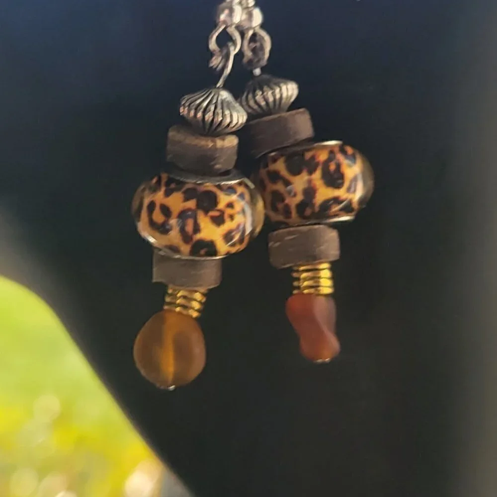 Handmade Earrings With Cheetah Print, Sea Glass,& Wooden Beads Etc, Wirewrapped